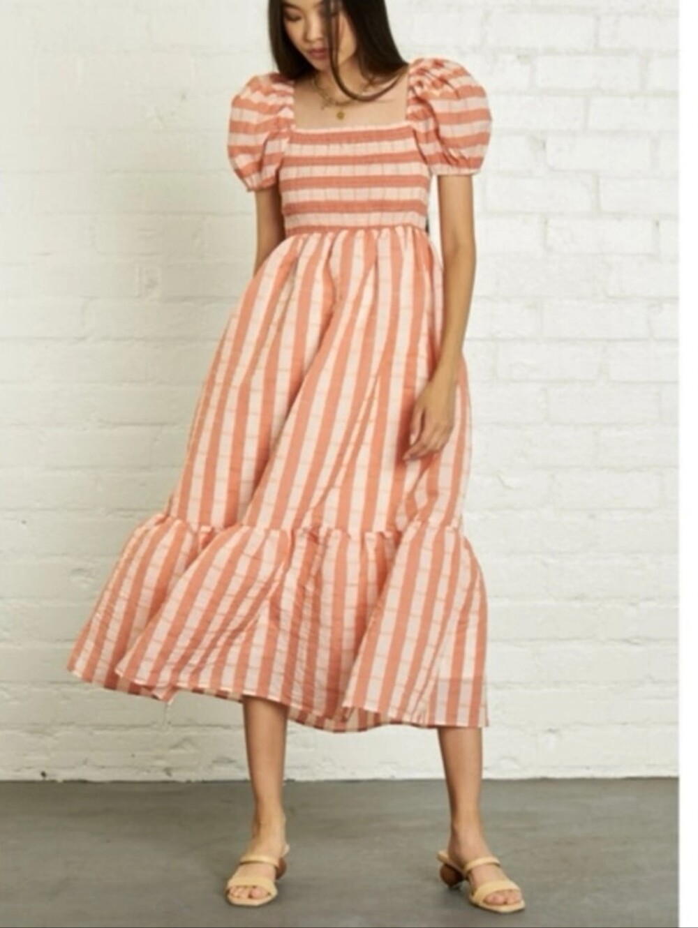 dRA Nicole Maxi Dress sheer organza fabric coral white striped Maxi Ruffle Dress